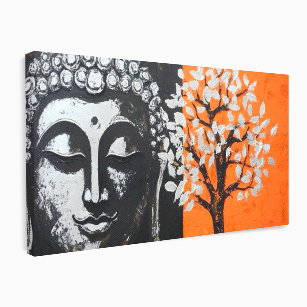 Tablou canvas cu tablou canvas cu capul lui buddha si un copac, fara rama, pe sasiu de lemn